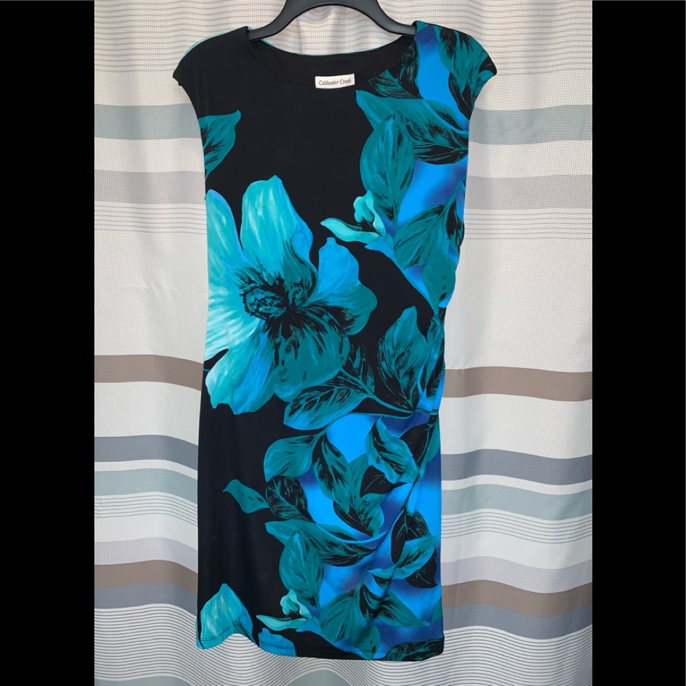 Coldwater Creek Beautiful Black Blue & Green Vibrant Floral Sleeveless Dress